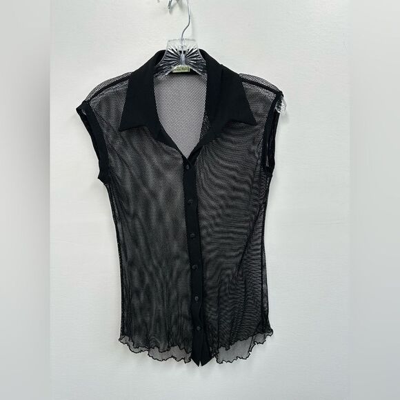 Vintage Y2K Black Mesh Sheer Fish Net Short Sleeve Button Front Top Size M - Picture 6 of 10